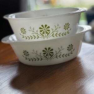 Vintage Pyrex  Spring Blossom - White and Green Floral Baking Dishes